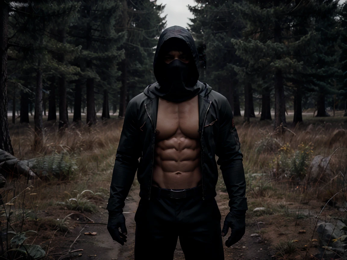 Create an image of a muscular character standing in a grassy field at night. The character is wearing an open jacket with a hood, revealing their defined abs. The jacket has red cuffs, and the character is wearing dark pants and red sneakers. Their face is partially covered with a mask, giving them a mysterious and threatening appearance. They also have gloves and possibly other accessories. The lighting is dim, adding to the dark and enigmatic atmosphere.