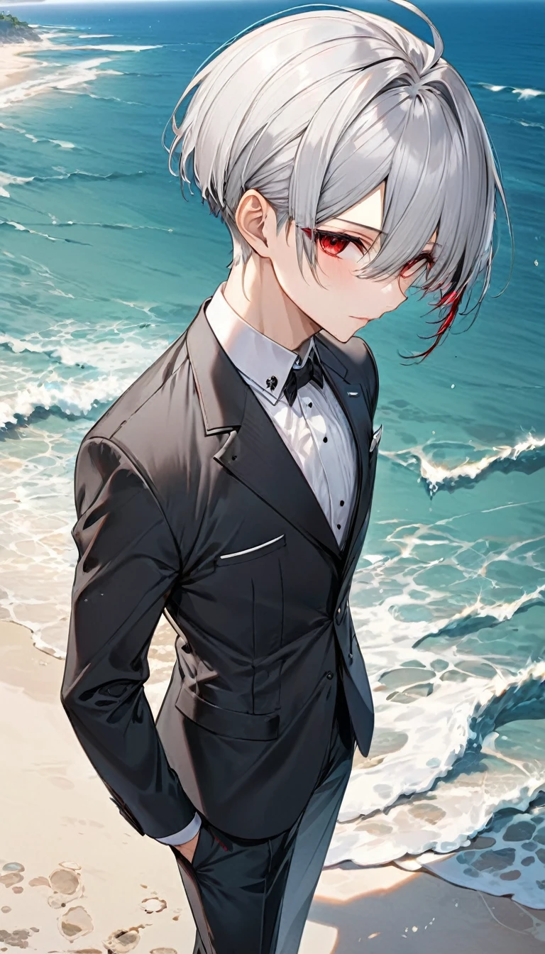 (profile:2, full-body), (love style) (( yo)), (solo:2 crew cut silver hair very short hair divine cool boy, serious red eyes), break, (in a butler suit), break, (in the open ocean view beach), (background detailed chapel), BREAK, perfect anatomy, masterpiece, best quality, 16k, beautiful detailed grow, daydreaming expression.