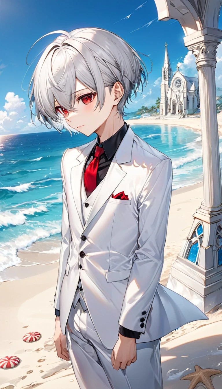 (profile:2, full-body), (love style) ((16 yo)), (solo:2 crew cut silver hair very short hair divine cool boy, serious red eyes), break, (in a butler suit), break, (in the open ocean view beach), (background detailed chapel), BREAK, perfect anatomy, masterpiece, best quality, 16k, beautiful detailed grow, daydreaming expression.