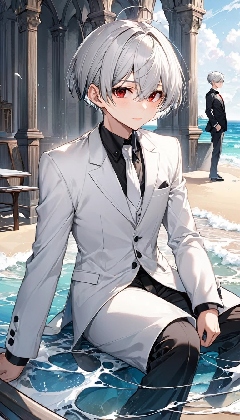 (profile:2, full-body), (love style) (( yo)), (solo:2 crew cut silver hair very short hair divine cool boy, serious red eyes), break, (in a butler suit), break, (in the open ocean view beach), (background detailed chapel), BREAK, perfect anatomy, masterpiece, best quality, 16k, beautiful detailed grow, daydreaming expression.