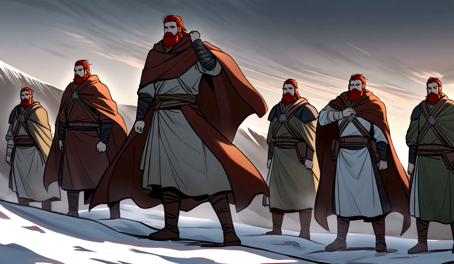 Erik the Red Beard: The Brave Leader
In the harsh, icy lands of the north, Erik the Red Beard led his Viking tribe with unwavering courage and wisdom. His fierce red beard and commanding presence made him a legendary figure among his people. One winter, the tribe's food supplies dwindled, and an imminent attack from a rival clan threatened their survival. Erik knew he had to protect his people and secure their future.
As the leader, he gathered his warriors around a roaring fire and outlined a strategic plan to defend their village. Erik decided to fortify the village defenses, train the warriors in new combat techniques, and set traps for the approaching enemies. With a blend of cunning strategy and sheer bravery, Erik led his tribe in preparing for the battle.
On the eve of the attack, Erik's mind was a whirlwind of thoughts and worries. He walked through the village, ensuring everything was in place and boosting the morale of his people. The following day, the rival clan descended upon the village. Erik, at the forefront, fought valiantly, his battle cries echoing through the icy air. His story unfolds as he leads his tribe in a fierce battle, discovering the depths of his own bravery and the true strength of his people.