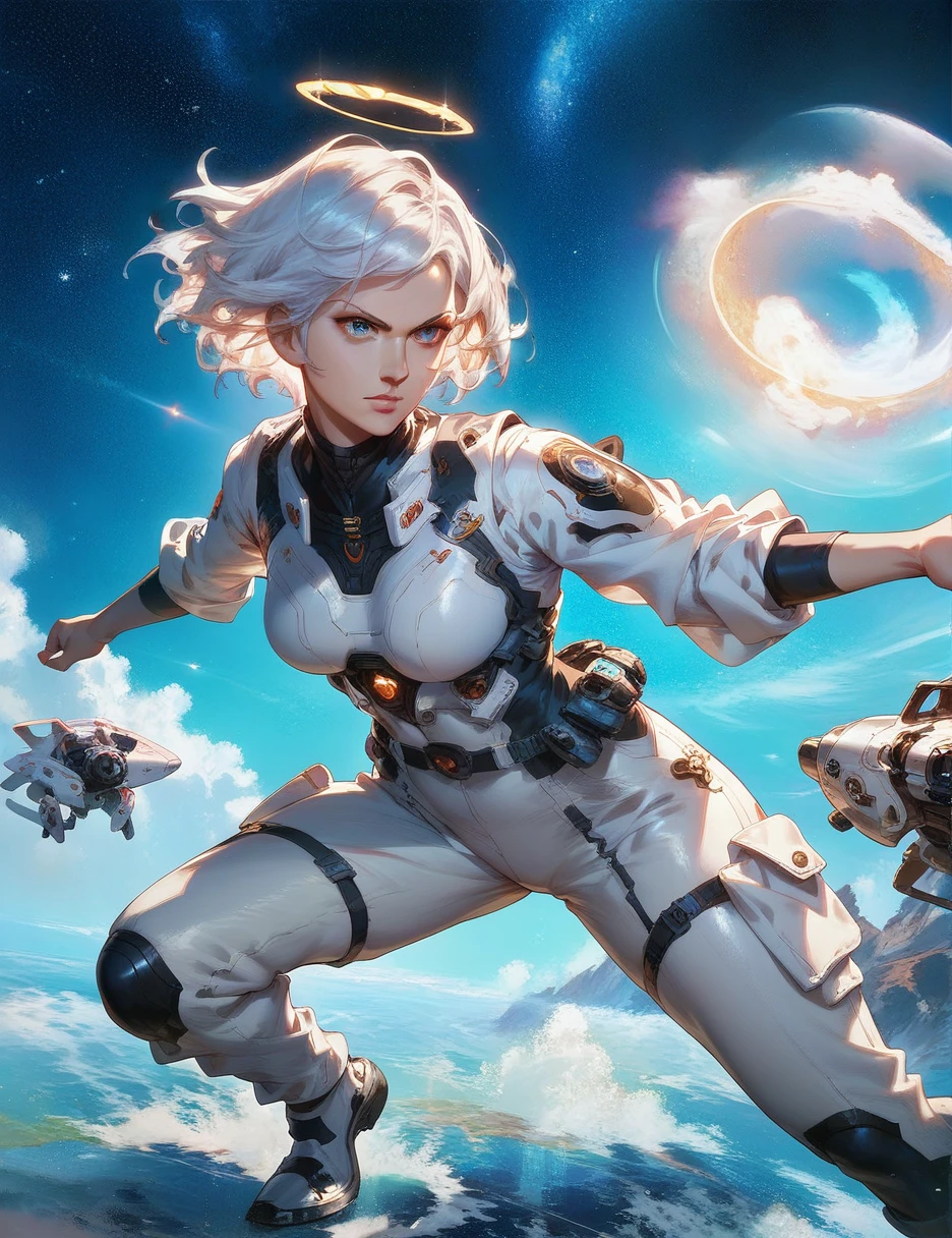 score_9, score_8_up, score_7_up,((1girl)),starry_background,intense shadows,lens_flare, day,white_background,fighting_stance,agent,glamor,white hair,halo,byzantine_fashion,mature,short hair,space_suit, monkren