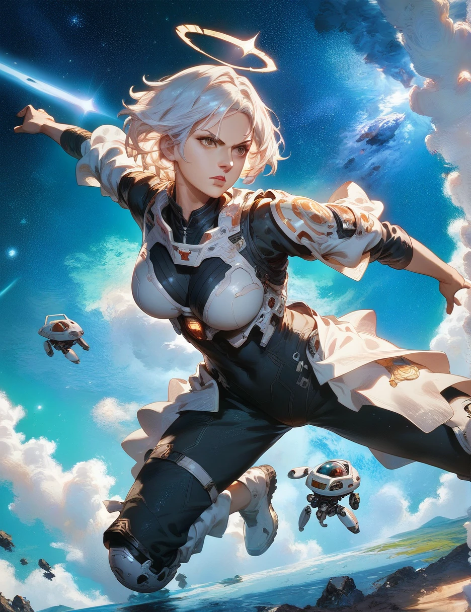 score_9, score_8_up, score_7_up,((1girl)),starry_background,intense shadows,lens_flare, day,white_background,fighting_stance,agent,glamor,white hair,halo,byzantine_fashion,mature,short hair,space_suit, monkren