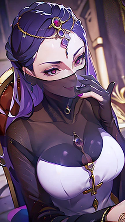 Mature Woman,(((Female fortune teller))),(((A veil covering the mouth,Light gloves))),(Detailed Description, High resolution，8k wallpaper，masterpiece，Highest quality,Depth of region,Anatomically accurate depiction,A face with attention to detail, Eye for detail,Nice hands, Perfect Fingers),((A seductive smile)),eyelash,(Reptilian eyes),There is cleavage in the chest),(From below:1.1),Perfect body,Purple lips,Shadow,Villainess,background：Inside a dimly lit church,(((Sitting in a chair,A mysteriously glowing crystal ball is placed in her hand.))),Hypnotized