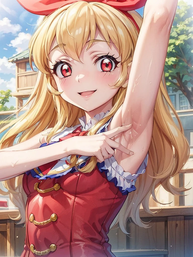 menma, (best quality, masterpiece, RAW photo,ultra-detailed:1.2), 1girl,solo,looking at viewer,smile,
white sleeveless one-piece swimsuits, show armpit, blue ribbon, nature, bust shot,lol_i,Ichigo Hoshimiya (Aikatsu!),nsfw,1girl,arms up,hands up,handcuffs