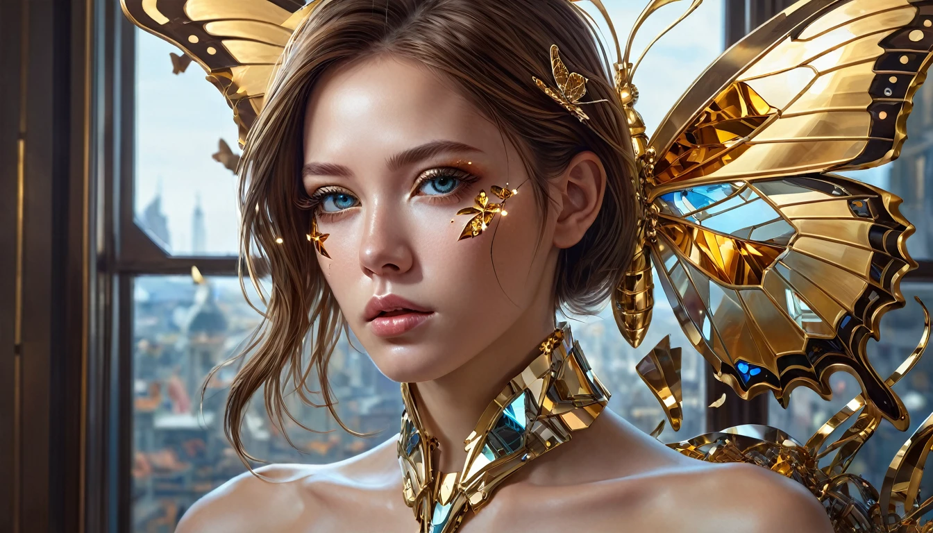 Portrait of a beautiful cyborg with brown hair in 8k, complicated, elegant, Very detailed, Majestic, Digital photography, Artgerm、Ruan Jia、Art by Greg Rutkowski, surrealistic painting, Gold butterfly decoration, Broken glass, (masterpiece, Side light, Delicate and beautiful eyes: 1.2), Human Development Report