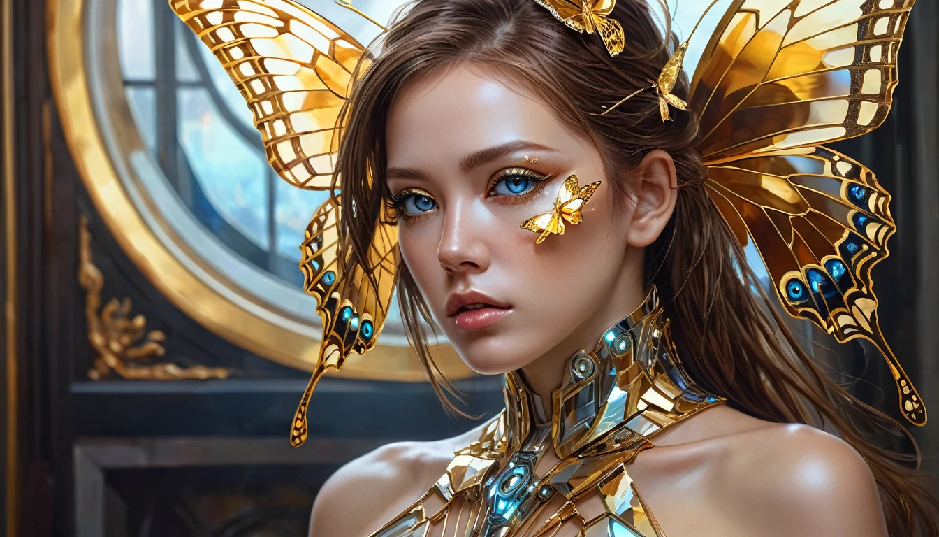 Portrait of a beautiful cyborg with brown hair in 8k, complicated, elegant, Very detailed, Majestic, Digital photography, Artgerm、Ruan Jia、Art by Greg Rutkowski, surrealistic painting, Gold butterfly decoration, Broken glass, (masterpiece, Side light, Delicate and beautiful eyes: 1.2), Human Development Report