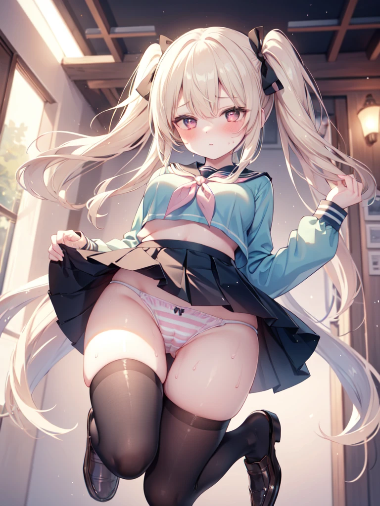 highest quality,masterpiece,8k,1girl,medium breasts, blush, sweat, mini skirt, lift skirt, upskirt, stripe panties, hair ribbon, twin tails, green shirt, seifuku, white neckerchief, long sleeves, pleated skirt, black skirt, thigh highs sox, loafers, camel toe, open legs, heart shaped pupils,
