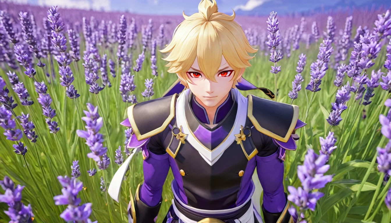 anxiety (Genshin Impact), 1 male, Blonde, Red eyes, Lavender field flowers