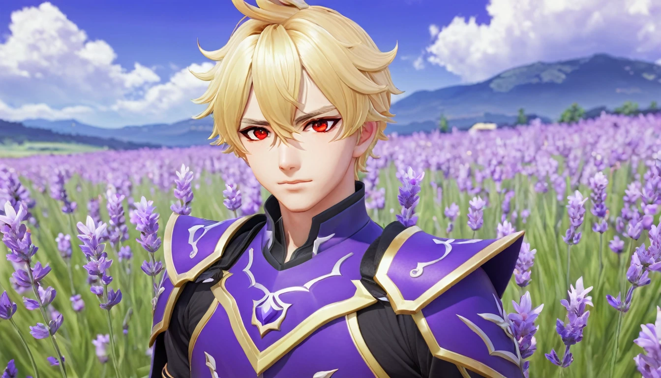 anxiety (Genshin Impact), 1 male, Blonde, Red eyes, Lavender field flowers