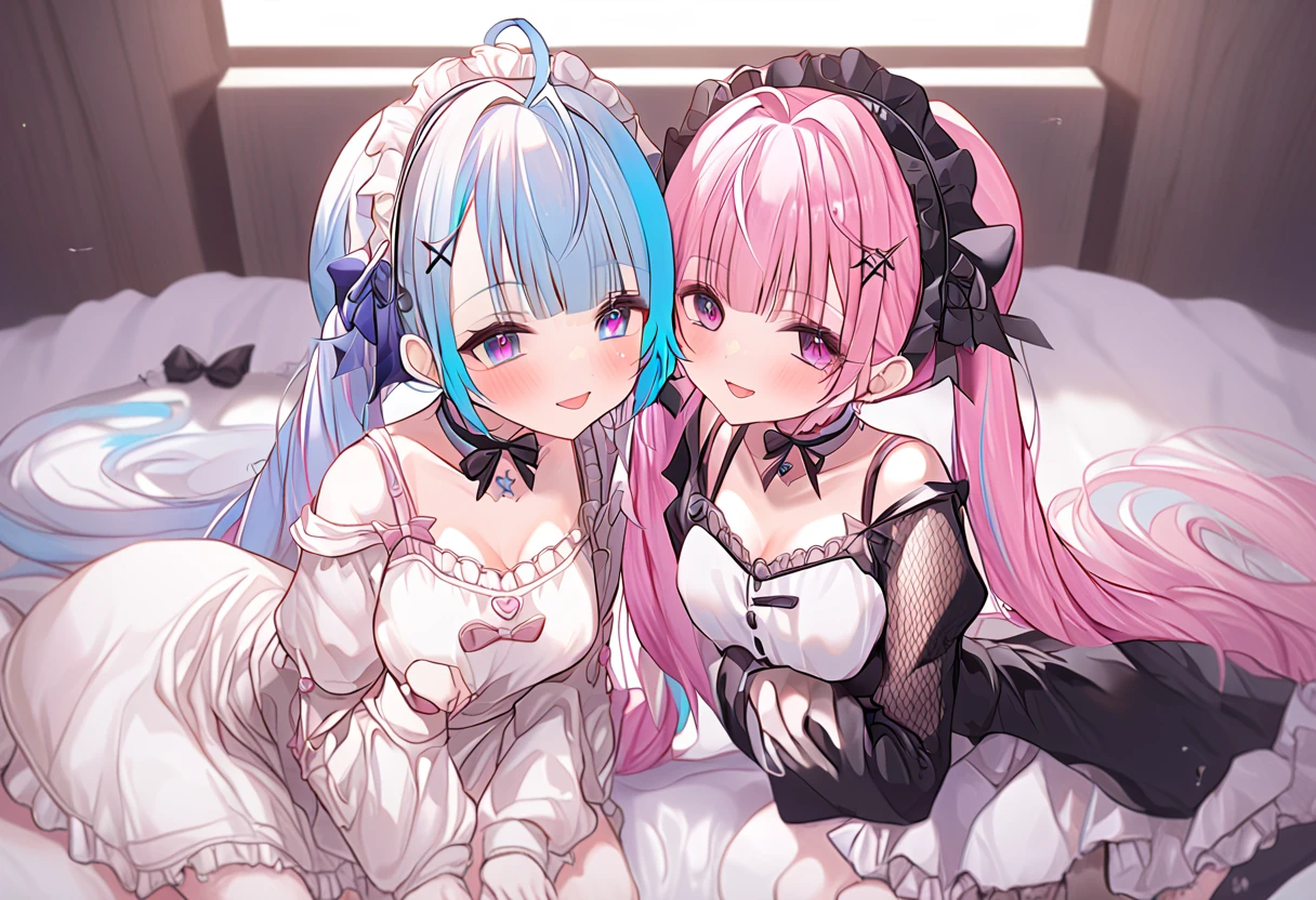 Browsing Caution,Two Girls,Lying down,((Raise both legs)),panties,Have sex,Light blue hair,Light pink hairstyles，Cat ear，Pink Eyes，light blue lolita，White socks，,Pink ribbon,Laughing with your mouth open,Best image quality,Highest quality