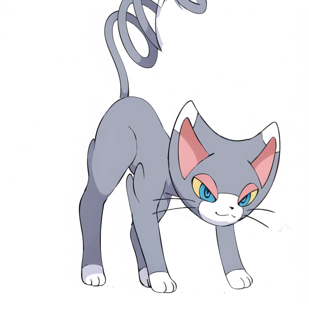 (masterpiece, best quality:1.2),solo,glameow \(pokemon\),pokemon \(creature\),full body,no humans,cat,blue eyes,grey fur,tail,city background