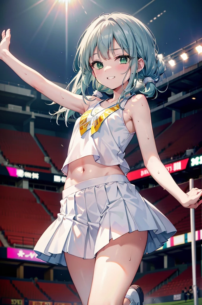 index, index,Silver Hair, (Green Eyes:1.5),Long Hair, (Flat Chest:1.2),Grin,tooth,Daytime,Clear skies,
,(cheer leading), (whole body), Lower, (Sweaty), Sweaty Wet Clothes, (White clothes),No sleeve, Pleated skirt,Black socks,sneakers, Belly button support, playground, (Jump), (Jump), 足を曲げてJumpする, air, blue sky, Grass原, smile,Cheerleader, Pom-pom \(cheer leading\)have, Grass, smile, whole bodyがイラストに入るように,
break looking at viewer, whole body,(Cowboy Shot:1. 5) ,
break indoors, Stadium,crowd, people々々,A packed audience,
break (masterpiece:1.2), Highest quality, High resolution, unity 8k wallpaper, (shape:0.8), (Fine and beautiful eyes:1.6), Highly detailed face, Perfect lighting, Highly detailed CG, (Perfect hands, Perfect Anatomy),