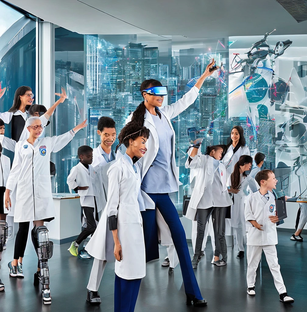 A cyborg teacher with a mechanical arm and a bionic eye, wearing a white lab coat and holding a holographic tablet, standing in front of an interactive digital whiteboard, where he shows complex graphics and formulas, while teaching a class of students with augmented reality headsets and smart bracelets, in a modern, lighted classroom,  with windows that display a futuristic cityscape with skyscrapers and flying vehicles.  
