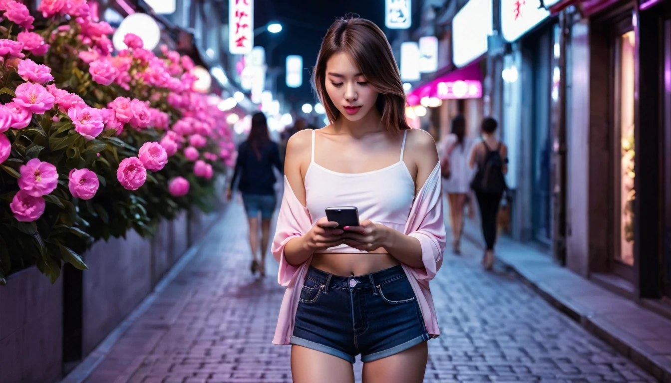 Beautiful woman, Lighted street at night, Fidgeting with smartphones, hot pants, Fragrant pink flowers, Passersby, Night view gradation, Fine details, Subtle Tones, Silence on the screen.