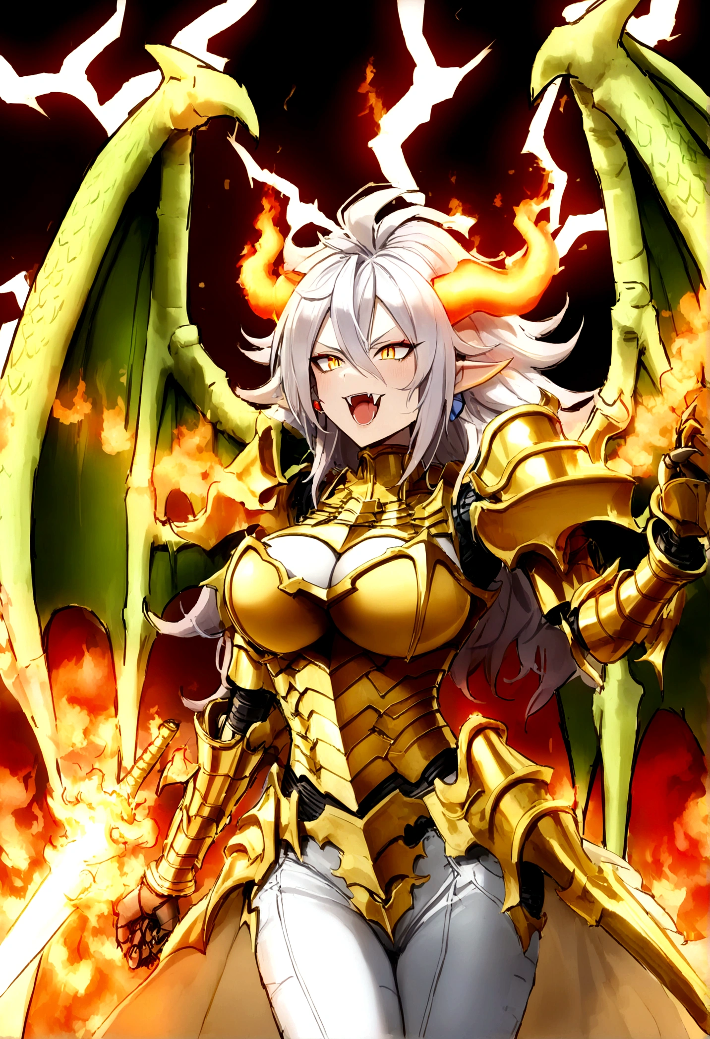 ((Lightning Power)), ((Electricity)), ((Fire Background)), ((Lightning Storm)), ((Power Erupting)),((((android 21 Evil)))), (((white Coat))), (((Busty))), (((((Big breast:1,3)))), luxury bustier corset, (((silver hair))), (((Very slim waist))), propotional body, ((Gorgeous)), (((gold wings))), masterpiece, hyperdetail, ambient effect, digital effect, (((Fangs))), (((FIRE SWORD)), (((Lightning Sword))), (((Fire Gold Armor))), (((Lightning Gold Wings))), (((Dragon Wings))), (((Fire Blazing Horns)))