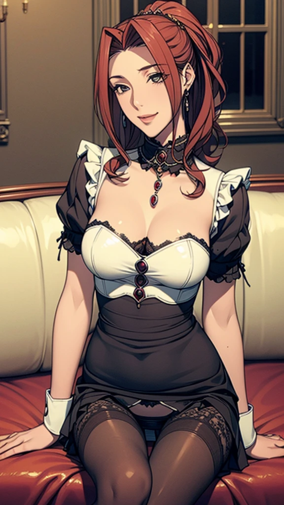 (((Highest quality))),(((High resolution))),((Correct ???????)),((Maid服)),(((Long Hair))),(((Highest quality))),(((Maid))),((((Black panties)))), ((Black Pantyhose)),((Pleated skirt)),((Fancy Lingerie)),((Black knee-high stockings)),((A shy smile)),(((Mature MILF)))、(One mature woman)、((Long Hair))、((ponytail))、I could see the whole body, Soft ???????, Dynamic Angle, Perfect body, ((Earrings、necklace,Pleated skirt)),Large sofa