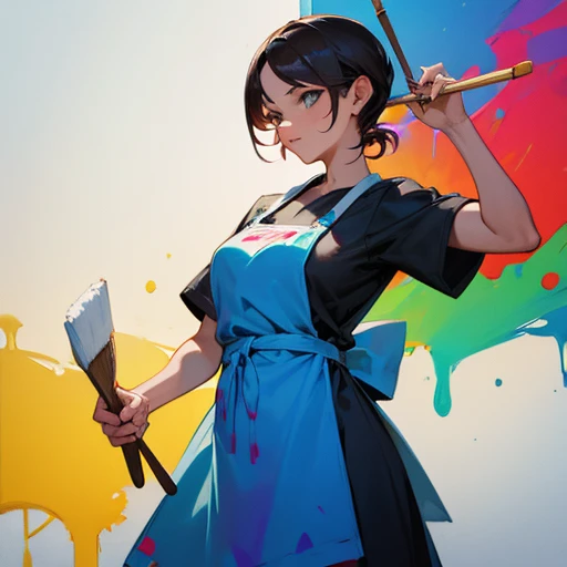 Art teacher, woman, Apron with paint on it, Holding a brush