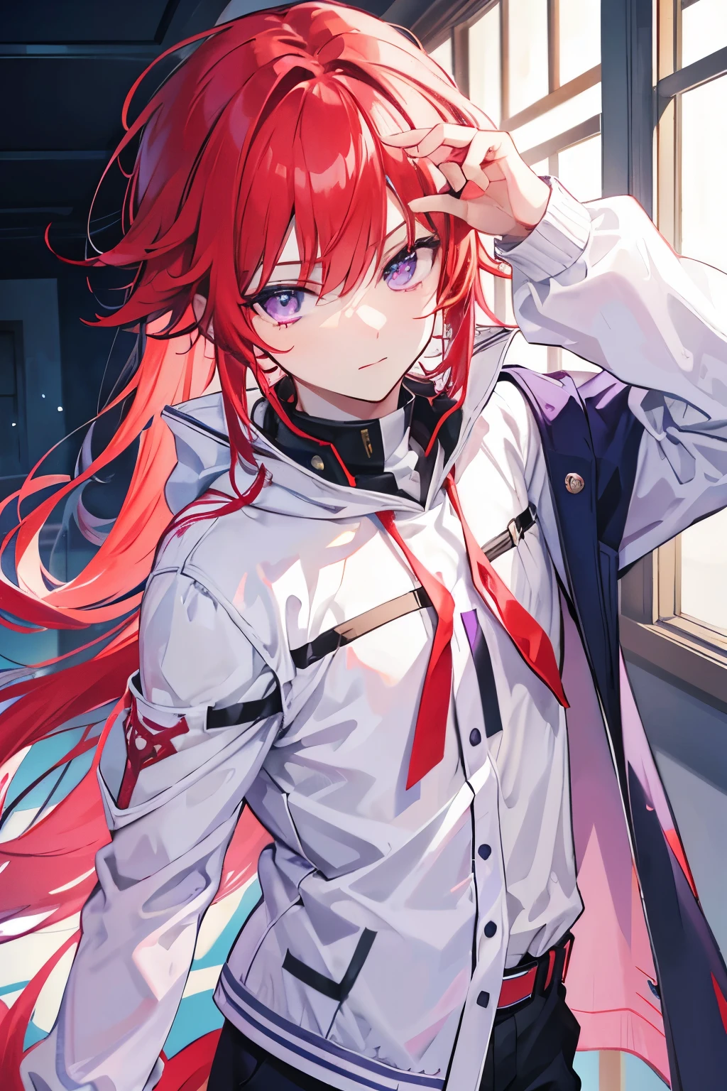 Handsome anime high-school boy with white and red hair and light purple eyes