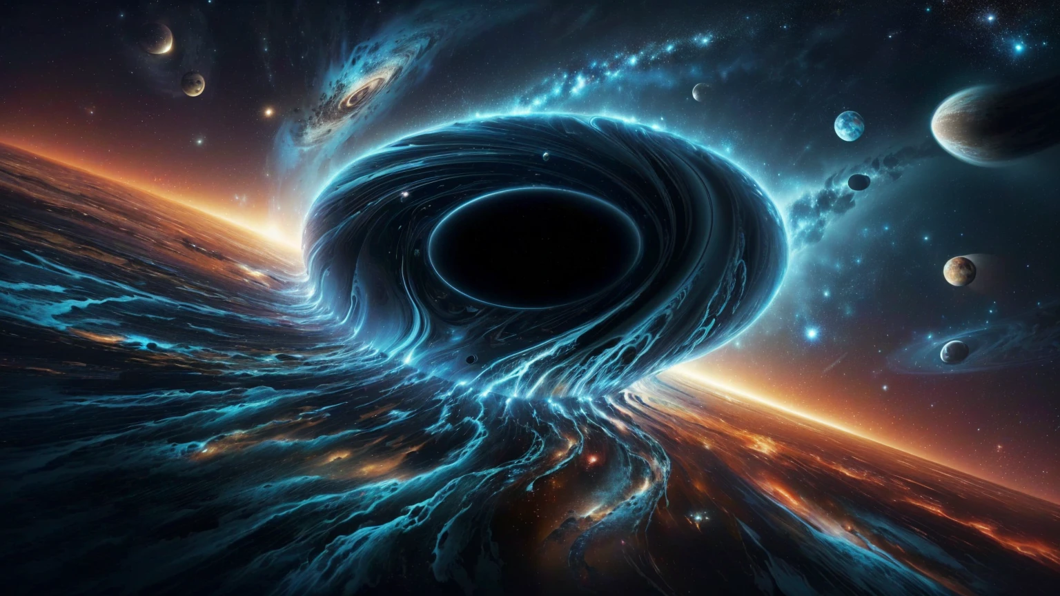 a black hole in the middle of a galaxy with planets, wormhole, wormholes, worm hole, is being drawn into a blackhole, coming out of a black hole, inside of a black hole, blackhole, black hole event horizon, black hole, traveling into a blackhole, abstract black hole in space, majestic interstellar portal, black hole in space