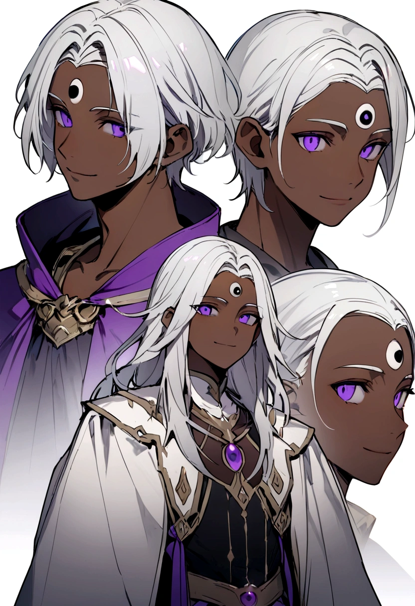 ((Highest quality)), ((masterpiece)), (((White Background))),male,(20th Generation),(Fantasy Costume),(youth),Character portrait,Gray Hair,((Front view)),(Character details),Purple Eyes,Brown skin,There are eyes on the forehead,Third Eye,alone,Are standing,Silver Hair,adult,smile