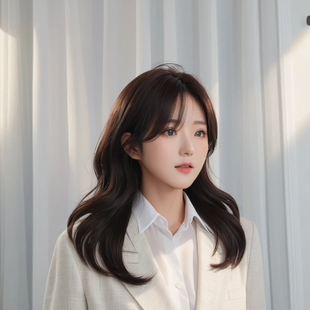 Best Quality, 8k, Masterpiece, (Portrait: 1.3), (photo realistic:1.4), (hyper realistic:1.4), Sharp Focus, looking at viewer, (smoother lighting:1.1), (increase cinematic lighting quality:0.9), realistic lighting, backlighting, light on face, ray trace, (brightening light:1.2), (Increase quality:1.4), sharp detail, (best quality real texture skin:1.4), finely detailed eyes, black_eyes, finely detailed face, 25 year old Korean woman, (white formal_shirt:1.4), (Create an image maintaining the original base model hairstyle:1.5)
