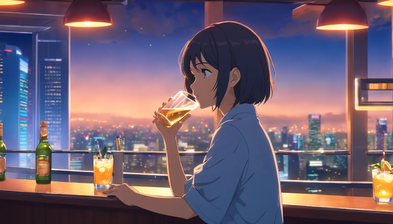 masterpiece, best quality, movie still, 1girl, office girl,Drinking at a bar on the top floor of a Singapore hotel with a night view
