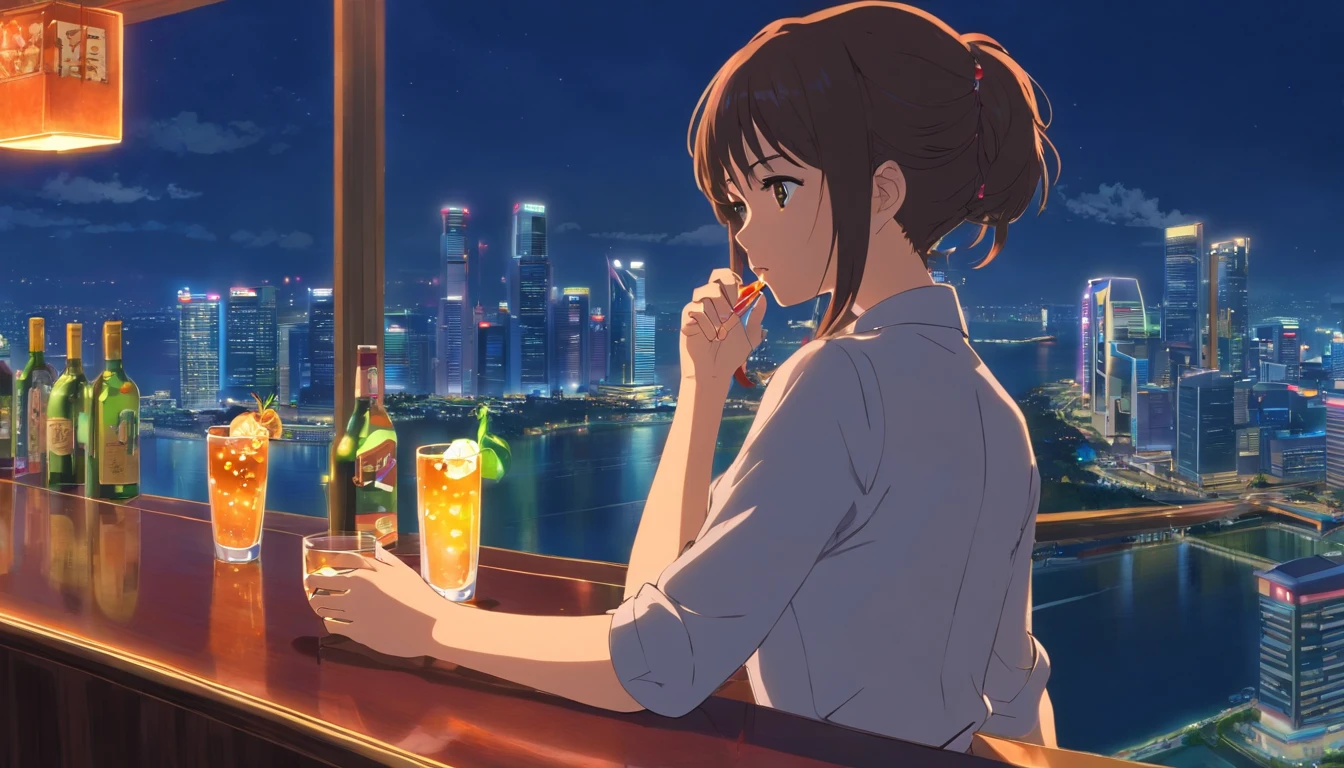 masterpiece, best quality, movie still, 1girl, office girl,Drinking at a bar on the top floor of a Singapore hotel with a night view