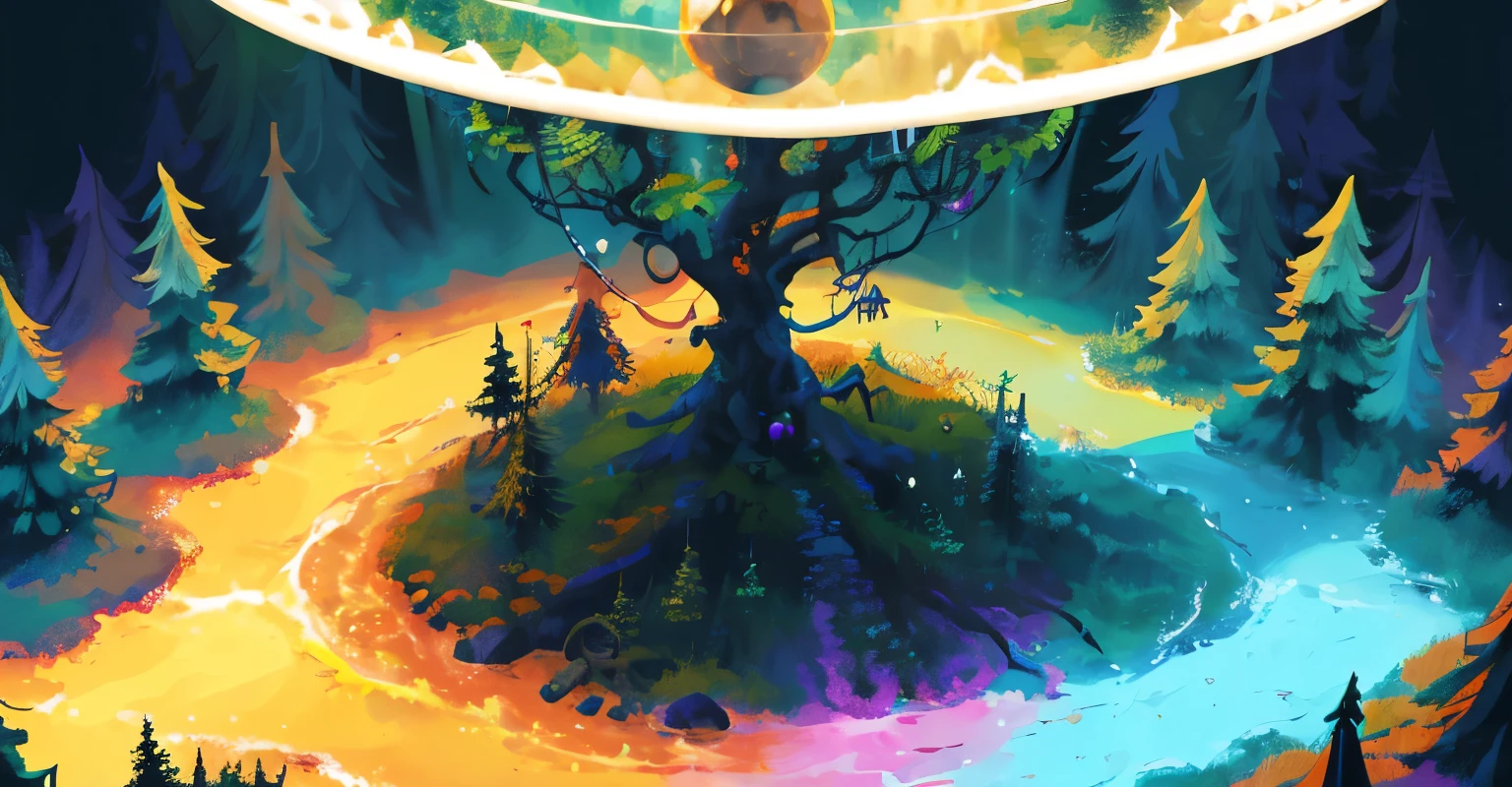 crie uma imagem estilo 3D, personagem elfo, asa de fada, floating a glowing crystal ball between hands, saindo vagalumes da bola, luzes douradas, fundo verde, tree roots through the scenery