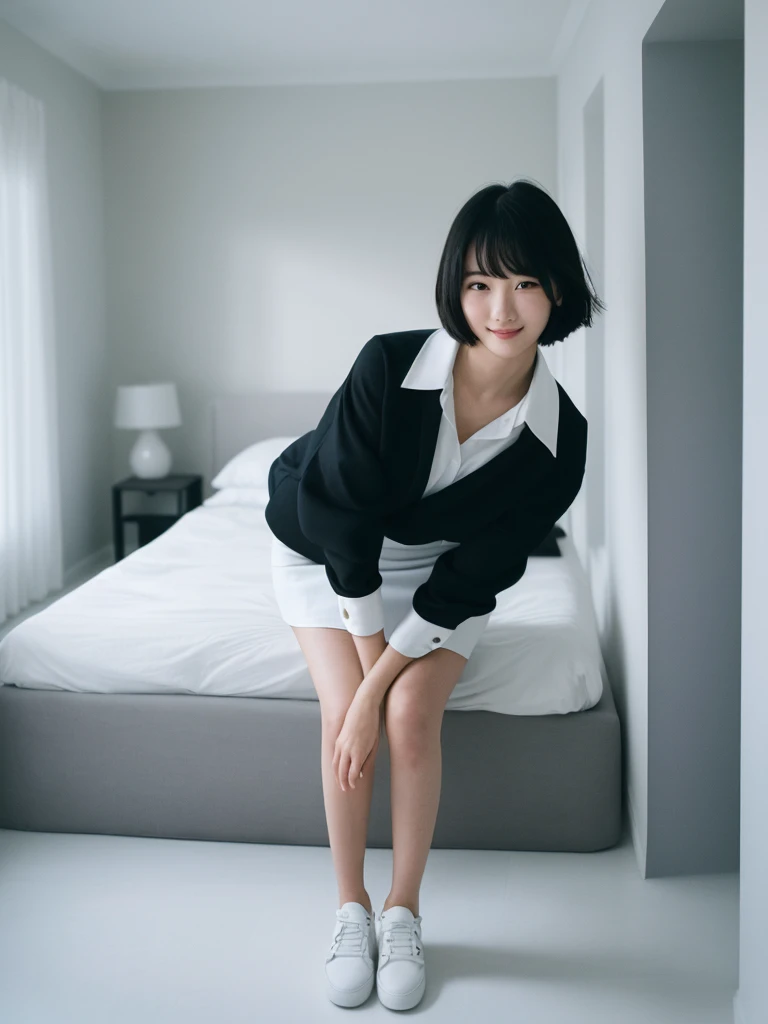 (Highest quality、masterpiece:1.9)、((Neat and clean female college student、1 person))、Soft lighting by a professional photographer、Natural light、((Very spacious white luxurious room:1.6))、((Bright white room:1.6))、(Sitting on a very luxurious white bed:1.2)、(White Bookcase:1.1)、Natural soft light、((Black Hair:1.1))、Fair skin、Detailed Eyes、double eyelid、Slightly puffy cheeks、((Small Face:1.0))、((Check One Piece、Grey mini skirt、Please wear it with the chest open.:1.1))、(smile)、((Girly pose 1.8))、High resolution,、((Short Hair:1.2))、((Full Body Shot:1.2))、Live-action image quality、((Height: 150cm))、Hands in front、Hide your hands between your legs、(bangs:1.1)、