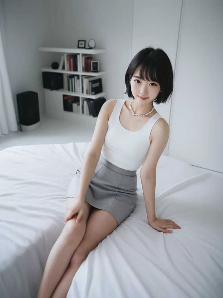 (Highest quality、masterpiece:1.9)、((Neat and clean female college student、1 person))、Soft lighting by a professional photographer、Natural light、((Very spacious white luxurious room:1.6))、((Bright white room:1.6))、(Sitting on a very luxurious white bed:1.2)、(White Bookcase:1.1)、Natural soft light、((Black Hair:1.1))、Fair skin、Detailed Eyes、double eyelid、Slightly puffy cheeks、((Small Face:1.0))、((Check One Piece、Grey mini skirt、Please wear it with the chest open.:1.1))、(smile)、((Girly pose 1.8))、High resolution,、((Short Hair:1.2))、((Full Body Shot:1.2))、Live-action image quality、((Height: 150cm))、Hands in front、Hide your hands between your legs、(bangs:1.1)、