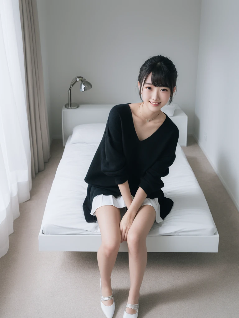 (Highest quality、masterpiece:1.9)、((Neat and clean female college student、1 person))、Soft lighting by a professional photographer、Natural light、((Very spacious white luxurious room:1.6))、((Bright white room:1.6))、(Sitting on a very luxurious white bed:1.2)、(White Bookcase:1.1)、Natural soft light、((Black Hair:1.1))、Fair skin、Detailed Eyes、double eyelid、Slightly puffy cheeks、((Small Face:1.0))、((Check One Piece、Grey mini skirt、Please wear it with the chest open.:1.1))、(smile)、((Girly pose 1.8))、High resolution,、((Short Hair:1.2))、((Full Body Shot:1.2))、Live-action image quality、((Height: 150cm))、Hands in front、Hide your hands between your legs、(bangs:1.1)、