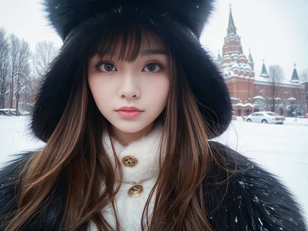 fluffyの毛皮。fluffy、A close-up of a fair-skinned Russian girl with a young face。Beautiful women in luxurious furs。Old-fashioned。Fisheye Lens、Fur coat。snow。