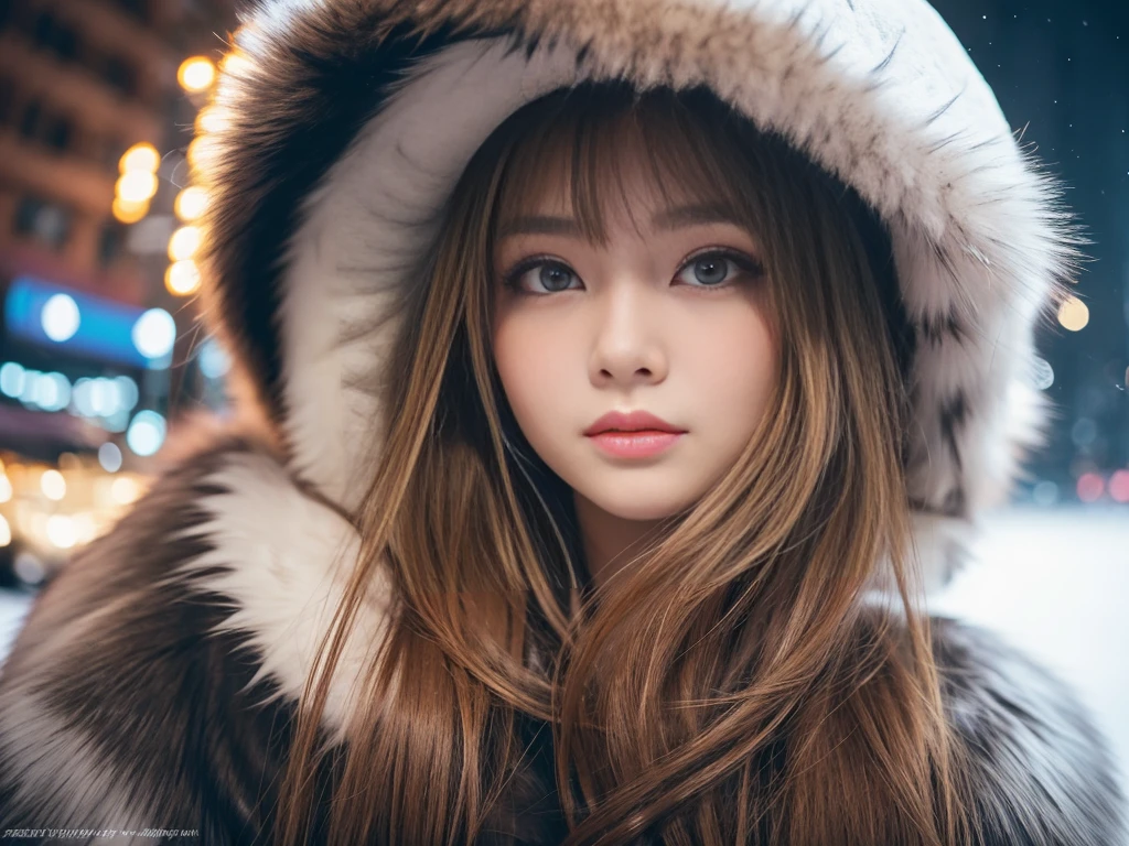 fluffyの毛皮。fluffy、A close-up of a fair-skinned Russian girl with a young face。Beautiful women in luxurious furs。Old-fashioned。Fisheye Lens、Fur coat。snow。