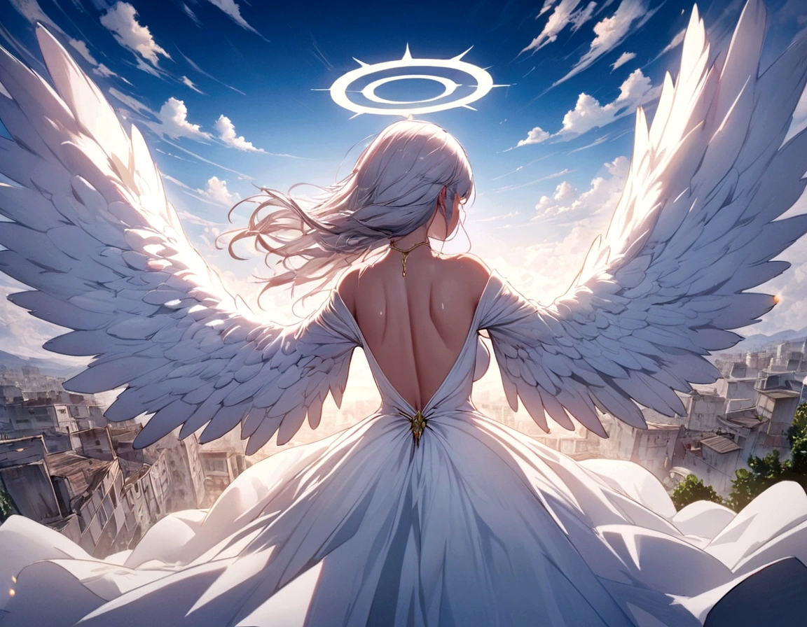 A (back view:1.5) of a very beautiful female angel\(long platinum hair, wide-backed white dress,(big beautiful angel wing from her chest),very beautiful shiny halo,breast\), she is spreading her arms wide and gently as if seeking salvation, she is above the clouds looking down on the world below, a fierce war\((so many sparks and fires), missles, battle plane, many buildings collapsing, nature being destroyed, a magnificent andspectacular scenery\) is taking place below the clouds, BREAK ,quality\(8k,wallpaper of extremely detailed CG unit, masterpiece,hight resolution,top-quality,top-quality real texture skin,hyper realisitic,increase the resolution,RAW photos,best qualtiy,highly detailed,the wallpaper,cinematic lighting,ray trace,golden ratio