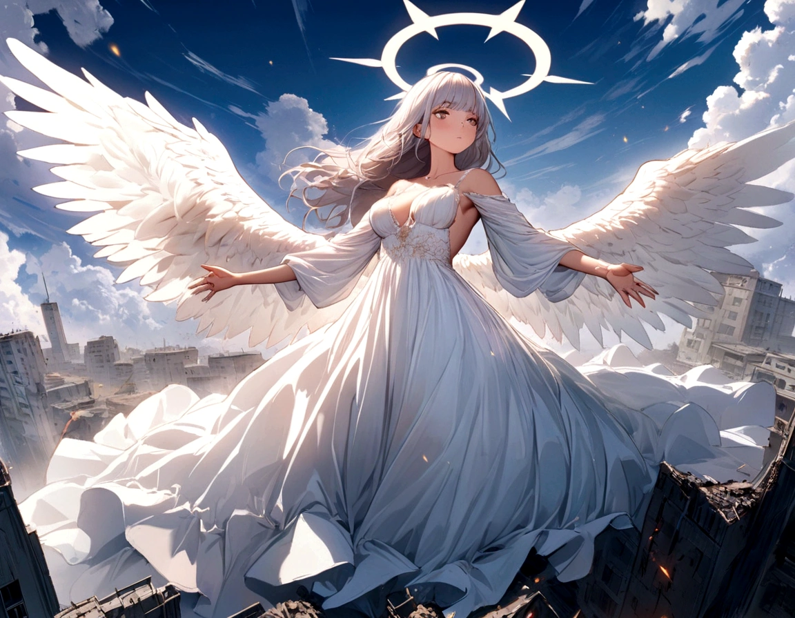A (back view:1.5) of a very beautiful female angel\(long platinum hair, wide-backed white dress,(big beautiful angel wing from her chest),very beautiful shiny halo,breast\), she is spreading her arms wide and gently as if seeking salvation, she is above the clouds looking down on the world below, a fierce war\((so many sparks and fires), missles, battle plane, many buildings collapsing, nature being destroyed, a magnificent andspectacular scenery\) is taking place below the clouds, BREAK ,quality\(8k,wallpaper of extremely detailed CG unit, masterpiece,hight resolution,top-quality,top-quality real texture skin,hyper realisitic,increase the resolution,RAW photos,best qualtiy,highly detailed,the wallpaper,cinematic lighting,ray trace,golden ratio