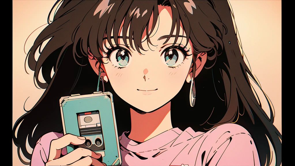 An anime style drawing of a girl holding a cassette tape. The background is simple and the main focus is on the girl and the cassette tape. The girl has big eyes, brown hair, and wears casual clothes. The cassette tape is red and labeled ``1980...''. The girl is smiling and holding the cassette up in front of her face.