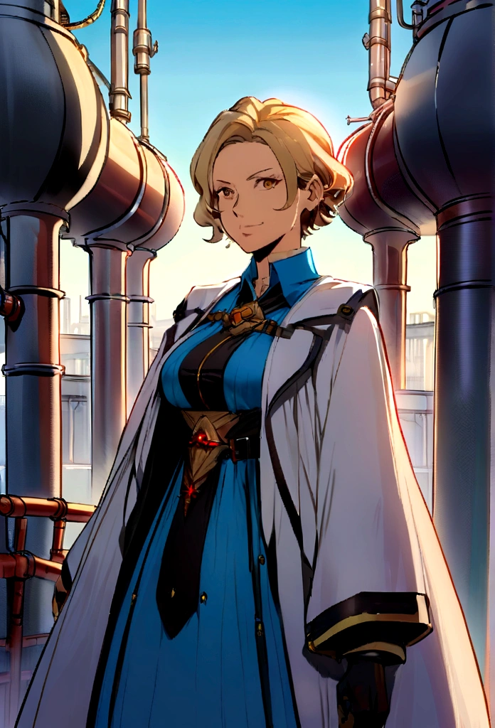 Illustration of a 50 year old woman, competente e segura, is not center, standing with a confident posture. She is the director of a chemical industrial plant, which can be seen in the background with pipes and chimneys under a clear blue sky.
She has short hair in an asymmetrical pixie style., com o lado esquerdo mais longo que o direito. Her hair is brown with golden blonde highlights that shine in the sunlight.. Your look is determined, reflecting your experience and leadership. Your smile is wide and welcoming and inspires confidence.