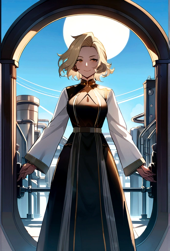 Illustration of a 50 year old woman, competente e segura, is not center, standing with a confident posture. She is the director of a chemical industrial plant, which can be seen in the background with pipes and chimneys under a clear blue sky.
She has short hair in an asymmetrical pixie style., com o lado esquerdo mais longo que o direito. Her hair is brown with golden blonde highlights that shine in the sunlight.. Your look is determined, reflecting your experience and leadership. Your smile is wide and welcoming and inspires confidence.