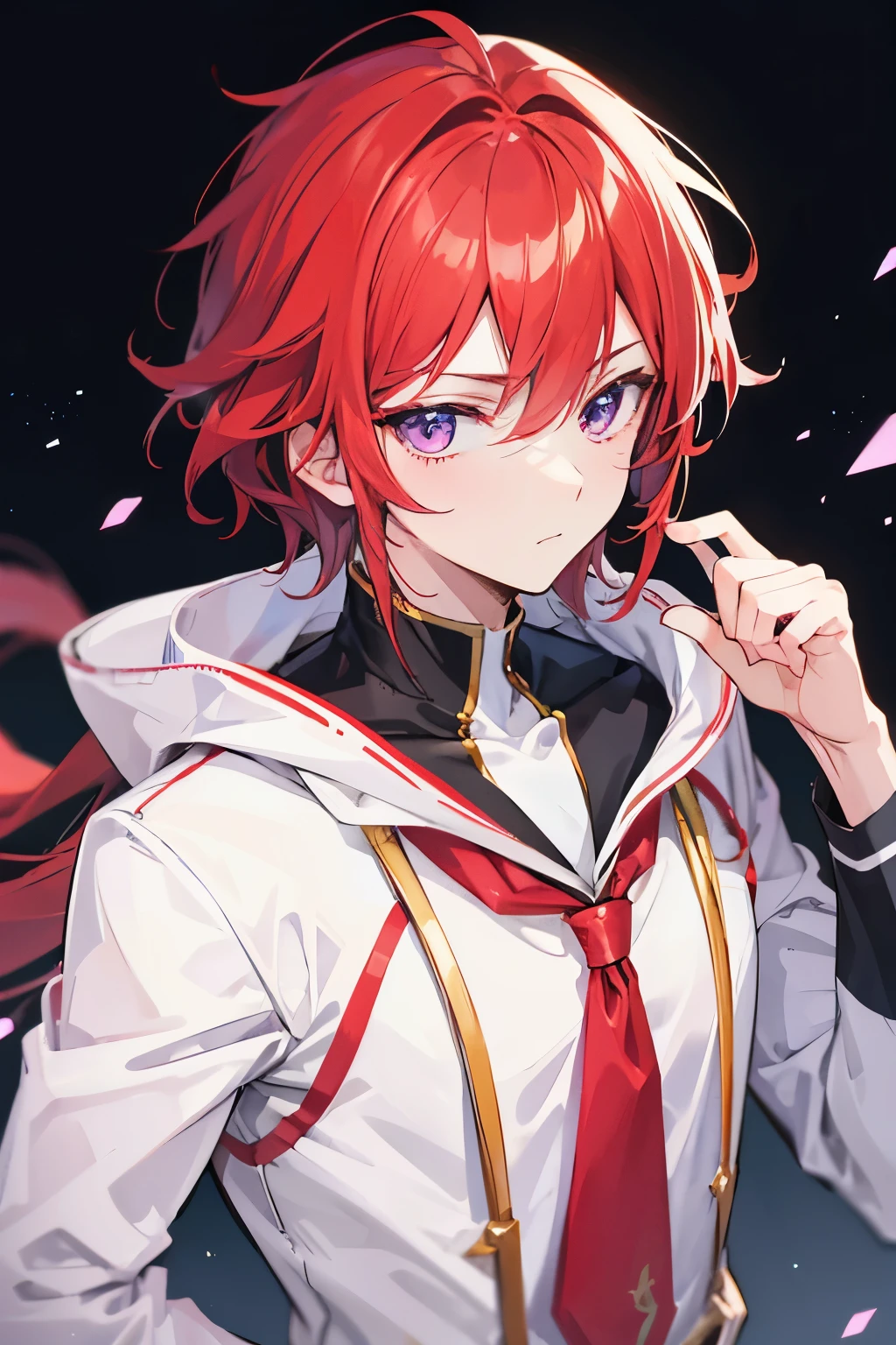 Handsome anime high-school boy with   white and red hair and light purple eyes