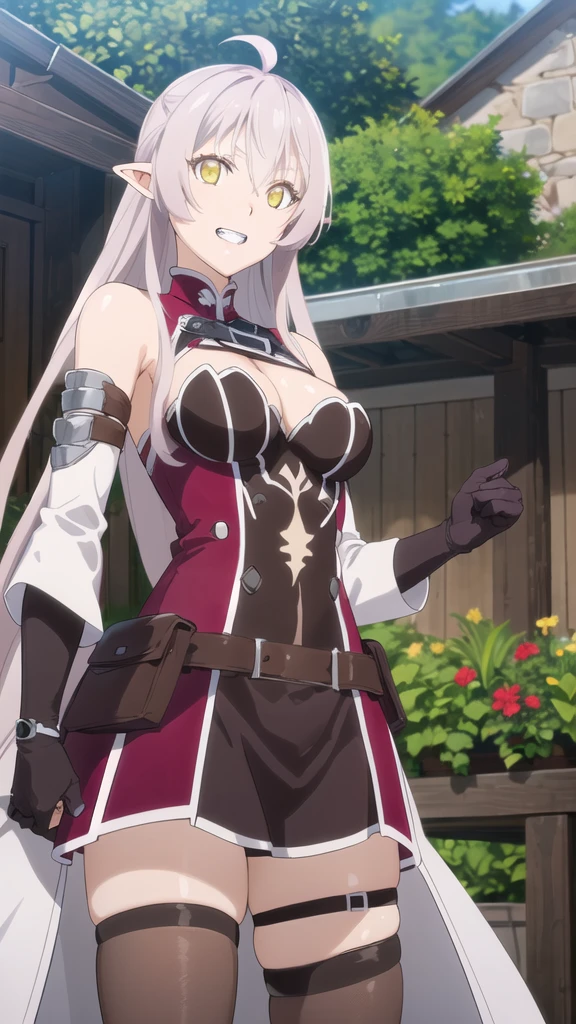 Ariane,masterpiece, best quality, ultra-detailed, glistening shiny, glowing light, ray tracing, HDR, deph of field, (perfect face, detailed face, detailed eyes),(small breasts:1.2),8k,HD,ultra realistic face,ray tracing,perfect lighting, ultra-detailed, shiny eyes,((upper teeth smile)), (looking at viewer), ((1girl)), (mature female:1.4),cowboy shot,((view from below)):1.2,thighs, white hair,((gradient hair)),red eyes, gradient eyes, (glowing eyes:1.1), mascara, (fashion make up), (garden:1.4),(complex background, many elements in the background:1.2),((super detailed background)), dynamic poses, ((8k wallpaper)), black thighhighs, thigh straps, white shirt, black bowtie, miniskirt, white gloves, ahoge, purple sleeves,