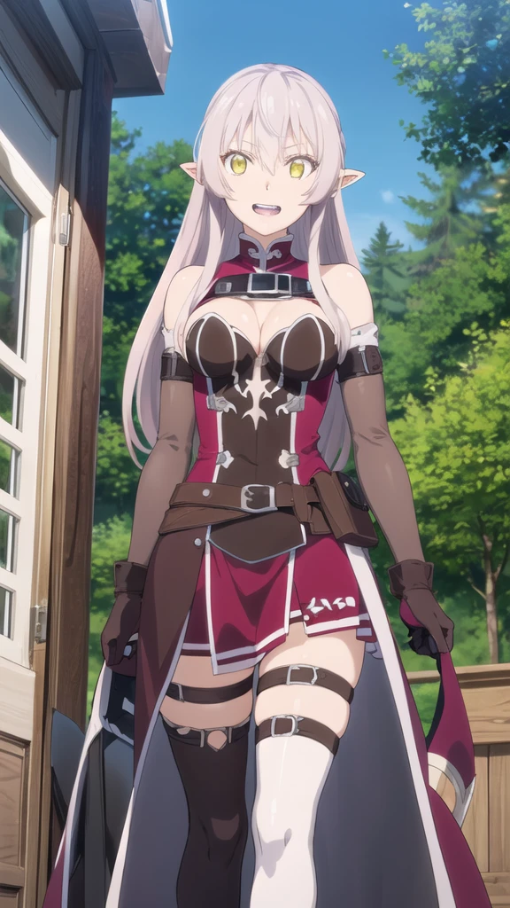 Ariane,masterpiece, best quality, ultra-detailed, glistening shiny, glowing light, ray tracing, HDR, deph of field, (perfect face, detailed face, detailed eyes),(small breasts:1.2),8k,HD,ultra realistic face,ray tracing,perfect lighting, ultra-detailed, shiny eyes,((upper teeth smile)), (looking at viewer), ((1girl)), (mature female:1.4),cowboy shot,((view from below)):1.2,thighs, white hair,((gradient hair)),red eyes, gradient eyes, (glowing eyes:1.1), mascara, (fashion make up), (garden:1.4),(complex background, many elements in the background:1.2),((super detailed background)), dynamic poses, ((8k wallpaper)), black thighhighs, thigh straps, white shirt, black bowtie, miniskirt, white gloves, ahoge, purple sleeves,
