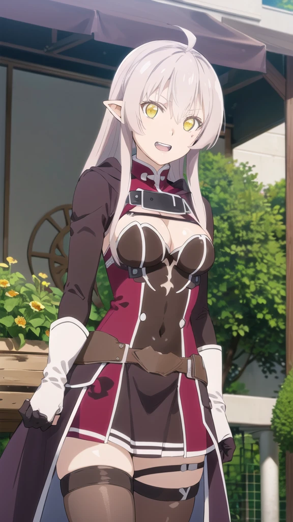 Ariane,masterpiece, best quality, ultra-detailed, glistening shiny, glowing light, ray tracing, HDR, deph of field, (perfect face, detailed face, detailed eyes),(small breasts:1.2),8k,HD,ultra realistic face,ray tracing,perfect lighting, ultra-detailed, shiny eyes,((upper teeth smile)), (looking at viewer), ((1girl)), (mature female:1.4),cowboy shot,((view from below)):1.2,thighs, white hair,((gradient hair)),red eyes, gradient eyes, (glowing eyes:1.1), mascara, (fashion make up), (garden:1.4),(complex background, many elements in the background:1.2),((super detailed background)), dynamic poses, ((8k wallpaper)), black thighhighs, thigh straps, white shirt, black bowtie, miniskirt, white gloves, ahoge, purple sleeves,