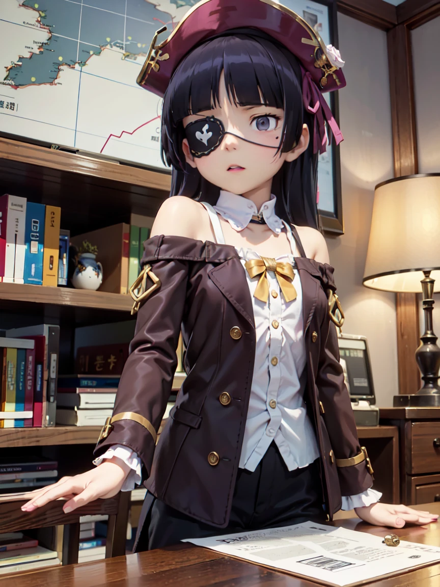 (Eye patch), One Girl, Hime cut, (ruri gokou), Holding a treasure map、Female pirate planning strategy in the cabin of the ship。Eye patchと皮革の衣装が特徴的で、A treasure chest can be seen behind。A situation filled with tension and adventure。, pirate, pirate hat, deck, coat, bare shoulder, 