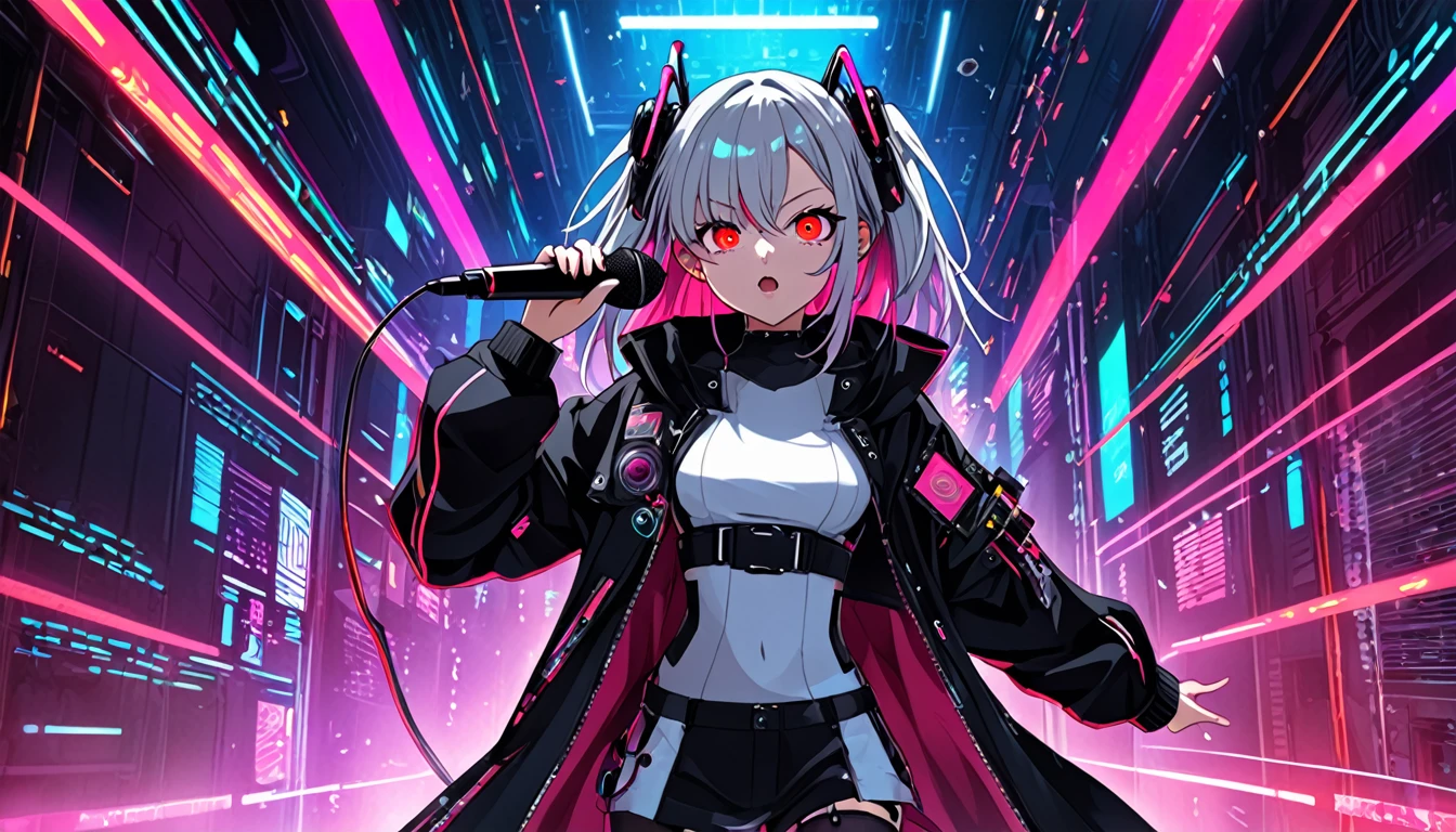 One girl singing with a microphone、whole body、cyber punk、Red eyes、Glowing Eyes、Black coat、Open coat、