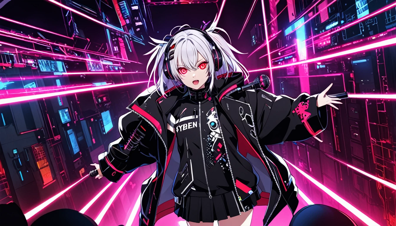 One girl singing with a microphone、whole body、cyber punk、Red eyes、Glowing Eyes、Black coat、Open coat、Teen