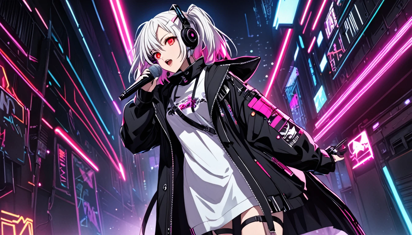 One girl singing with a microphone、whole body、cyber punk、Red eyes、Glowing Eyes、Black coat、Open coat、Teen