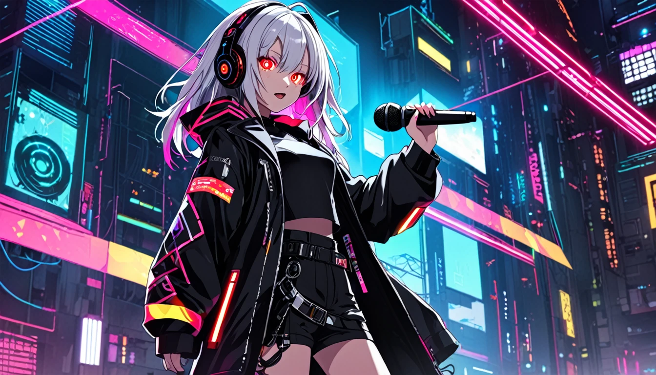 One girl singing with a microphone、whole body、cyber punk、Red eyes、Glowing Eyes、Black coat、Open coat、