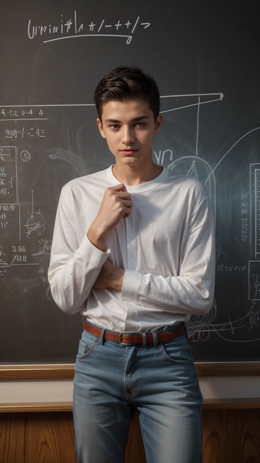 A cute, beautiful, black-haired male twink is wearing a luxurious, bright white, long-sleeved shirt and jeans. He is in his graduation speech, speaking, and a mind map comes out of his head, and behind him is a blackboard with calculus written on it, and neon waves come out of the blackboard.