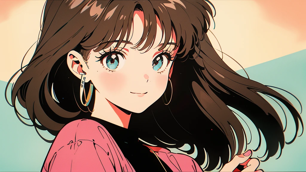 An anime style drawing of a girl holding a cassette tape. The background is simple and the main focus is on the girl and the cassette tape. The girl has big eyes, brown hair, and wears casual clothes. The cassette tape is red and labeled ``1980...''. The girl is smiling and holding the cassette up in front of her face.